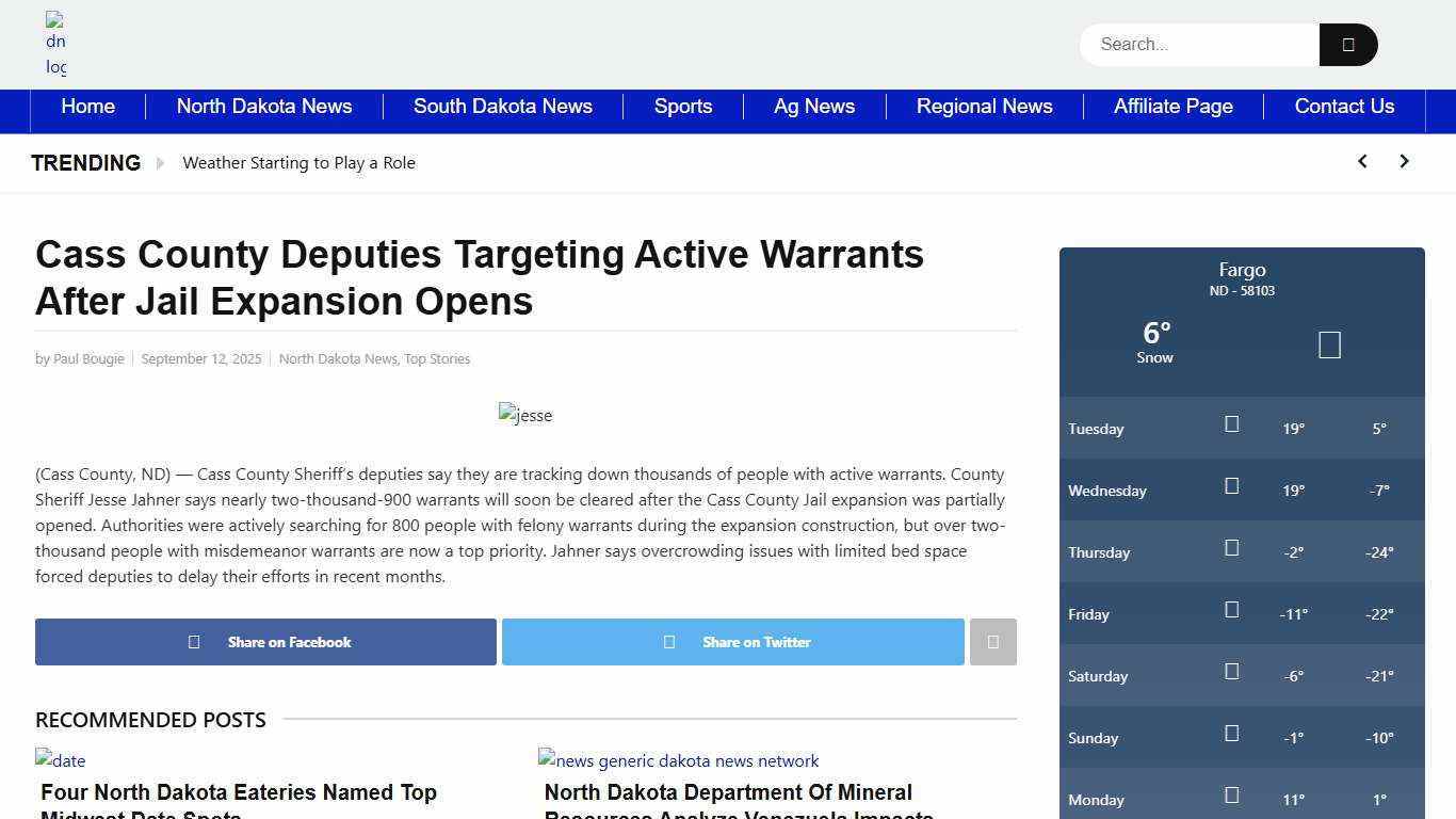 Cass County Deputies Targeting Active Warrants After Jail Expansion Opens | Dakota News Network